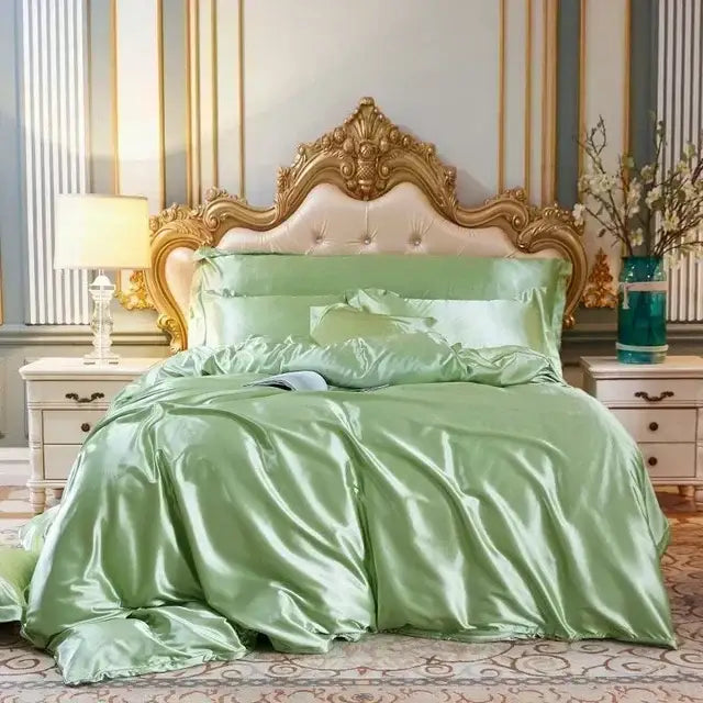 Luxury sage green satin bedding set with duvet cover for bedroom