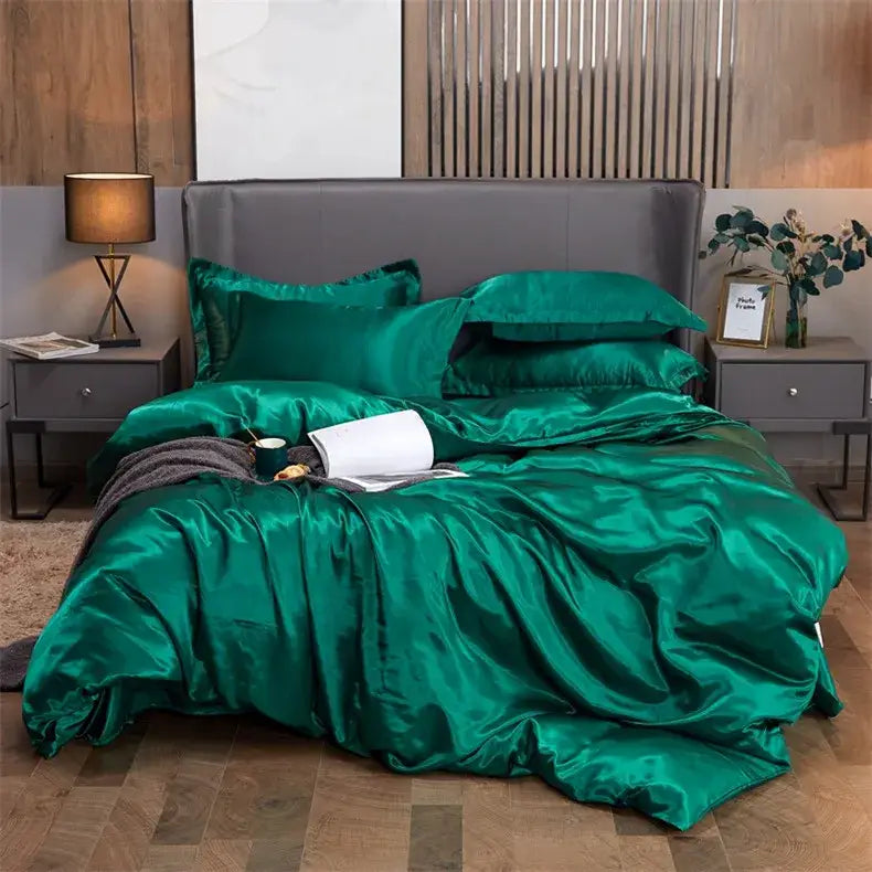 Luxury peach & dark gray rayon satin 3pc duvet cover bedroom set