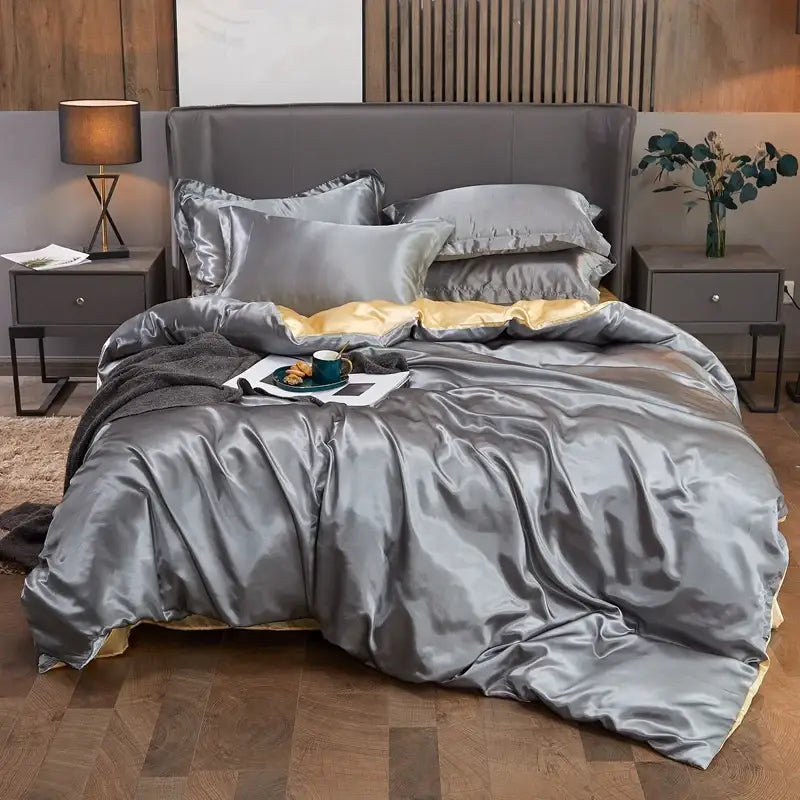 Luxury pink satin solid color bedding set with bedroom pcduvet cover