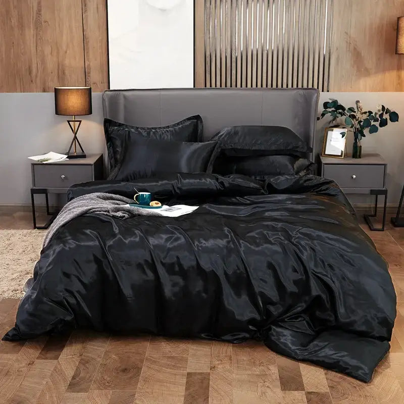 Luxury black satin solid color bedding set bedroom pcduvet cover
