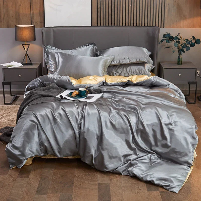 Luxury pink satin solid color bedding set with duvet cover for bedroom