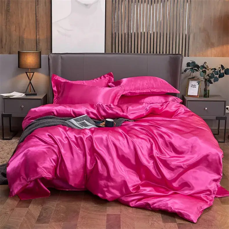 Luxury pink satin solid color bedding set with duvet cover for bedroom
