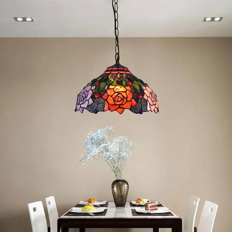 Tiffany style rose stained glass pendant light dining room