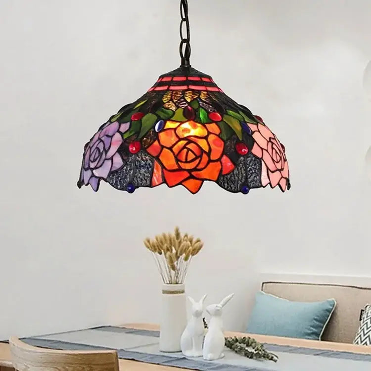 Tiffany style rose stained glass pendant light dining room