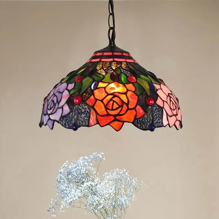Tiffany style rose stained glass pendant light dining room