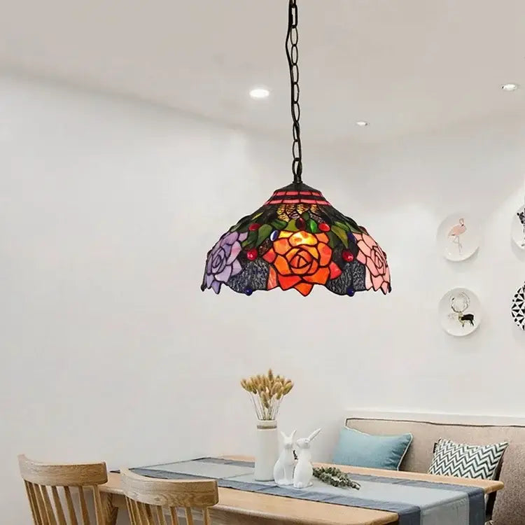 Tiffany style rose stained glass pendant light dining room