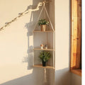 Boho beige 3 tier macrame wall hanging corner shelf bedroom decor