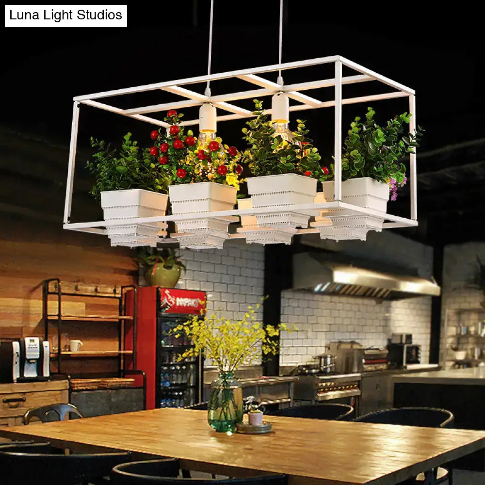 Modern black metal rectangle light fixture with artificial bonsai dining room pendant