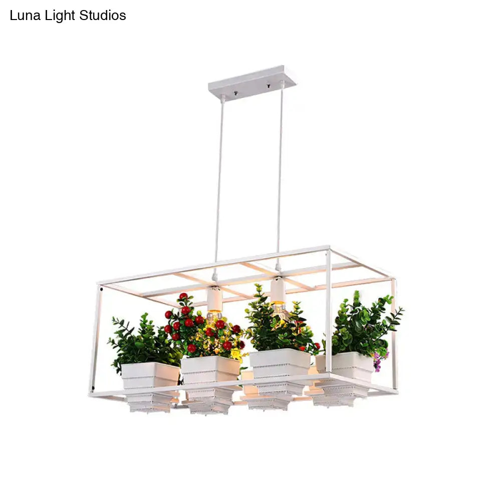 Modern black metal rectangle light fixture with artificial bonsai dining room pendant