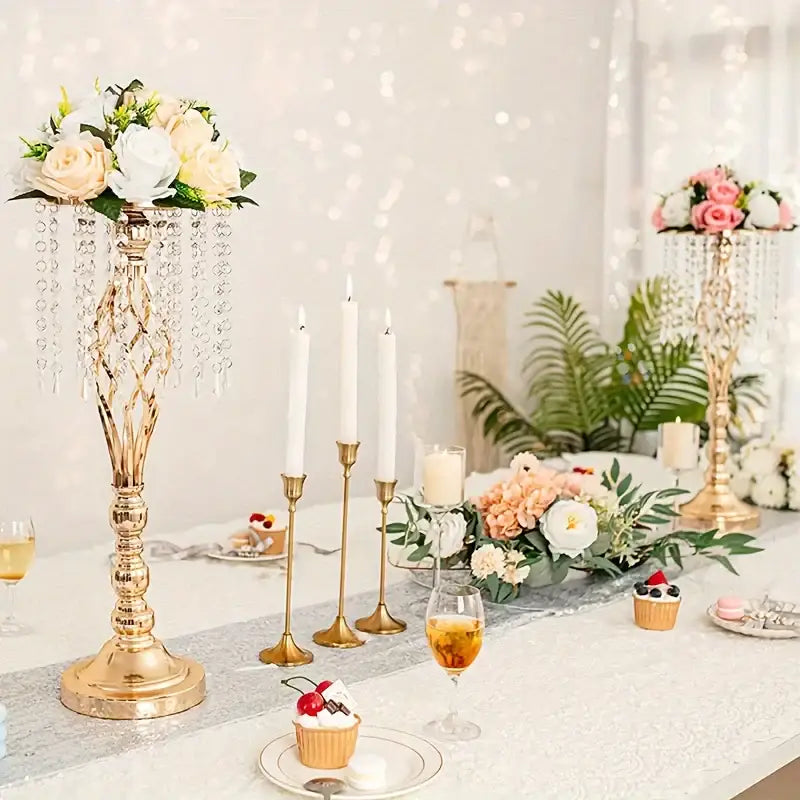 Gold lattice metal flower vases with crystals dining room centerpiece