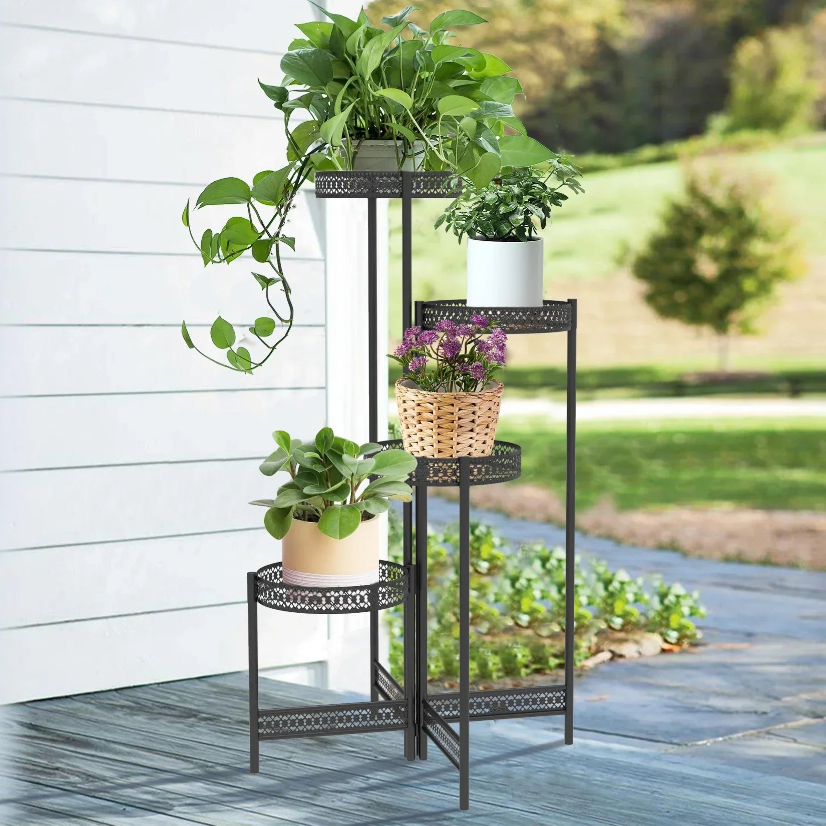 Tiered black metal plant stand for living room with lattice design