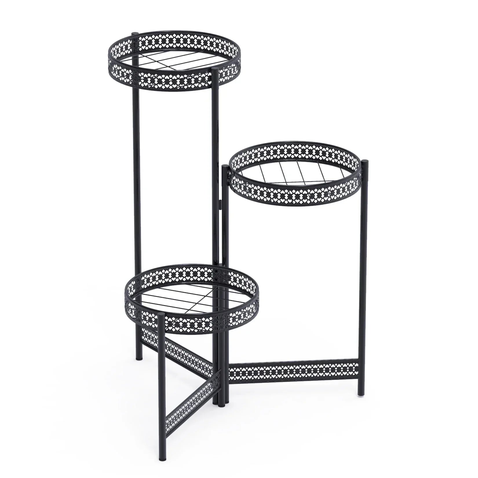 Tiered black metal plant stand for living room with lattice design