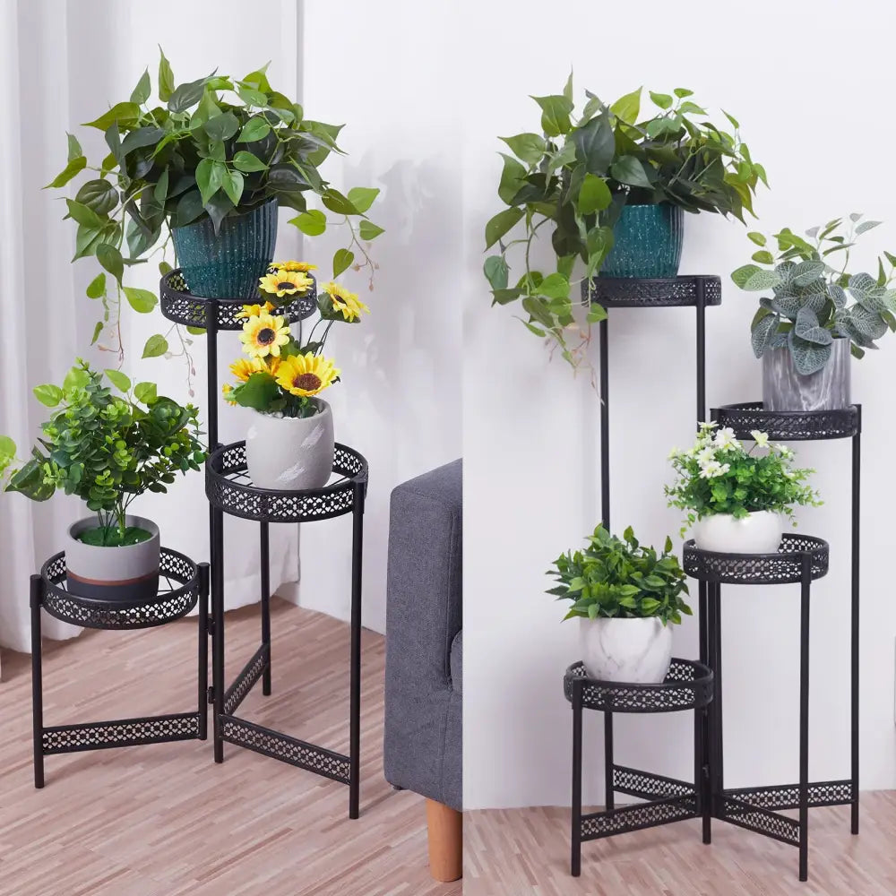 Tiered black metal plant stand for living room with lattice design