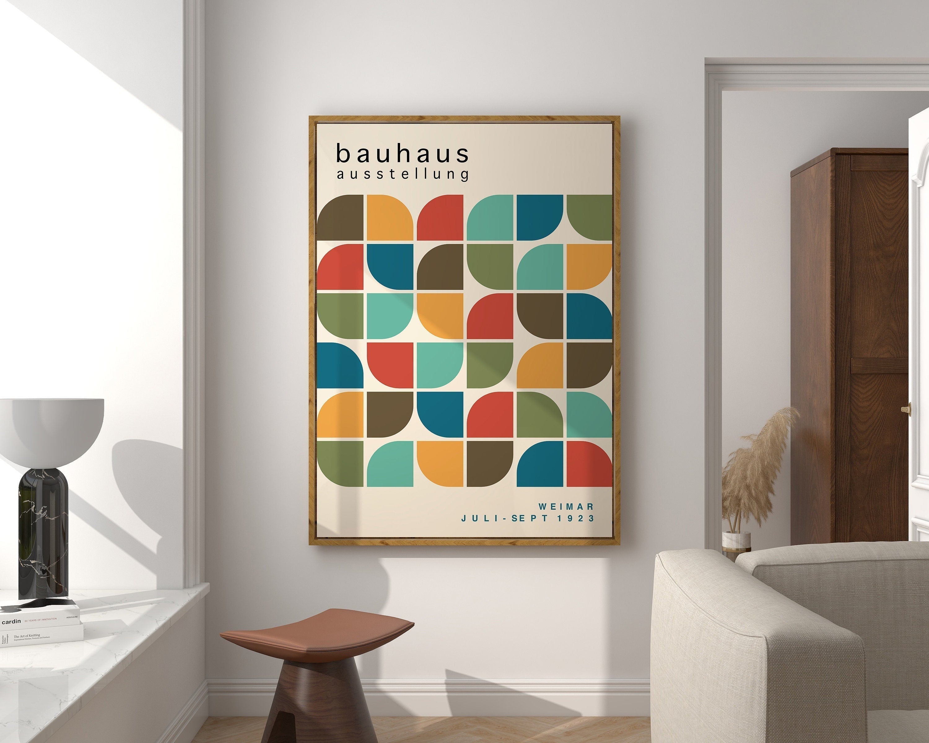 Mid century geometric beige & red canvas wall art living room decor