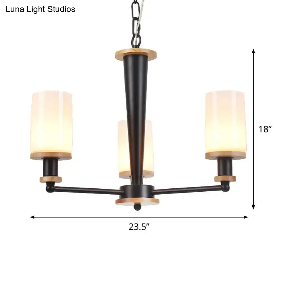 Mid-century black & wood opal frosted glass chandelier dining room