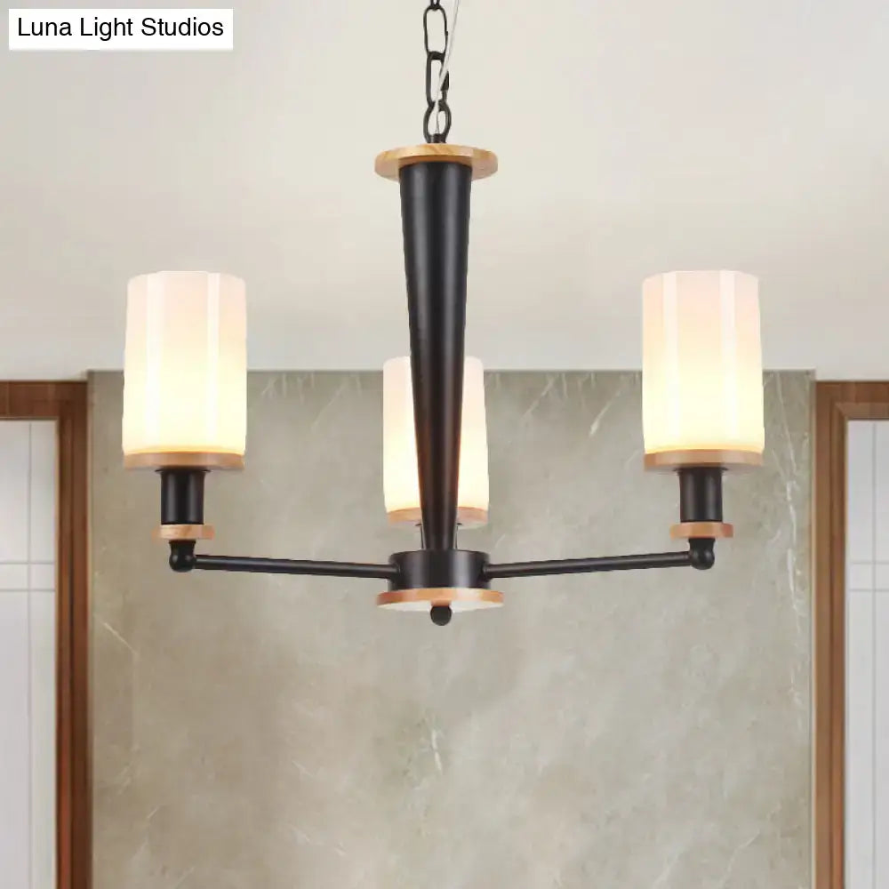 Mid-century black & wood opal frosted glass chandelier dining room