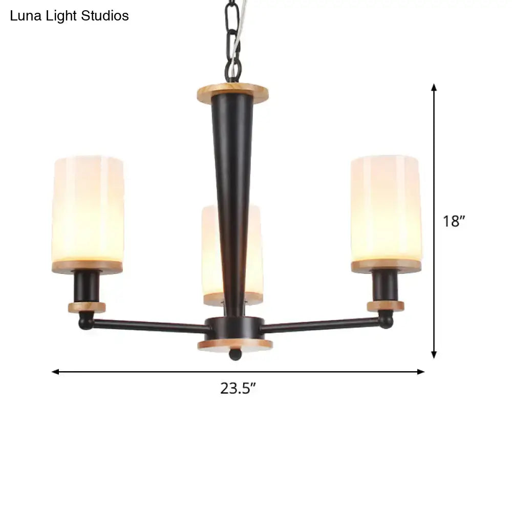 Mid-century black & wood opal frosted glass chandelier dining room