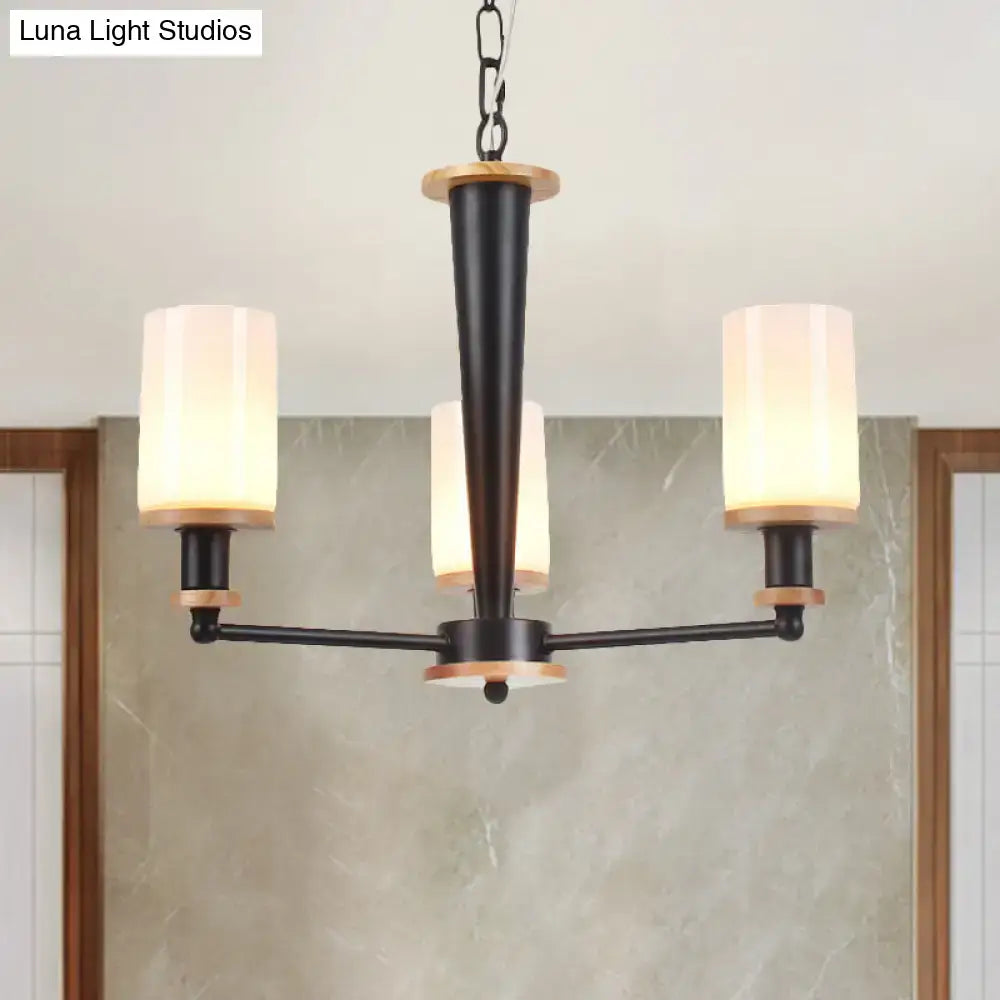 Mid-century black & wood opal frosted glass chandelier dining room