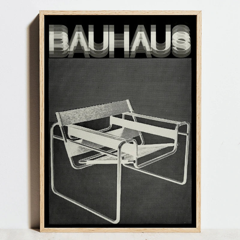 Geometric bauhaus orange barcelona chair art print living room decor