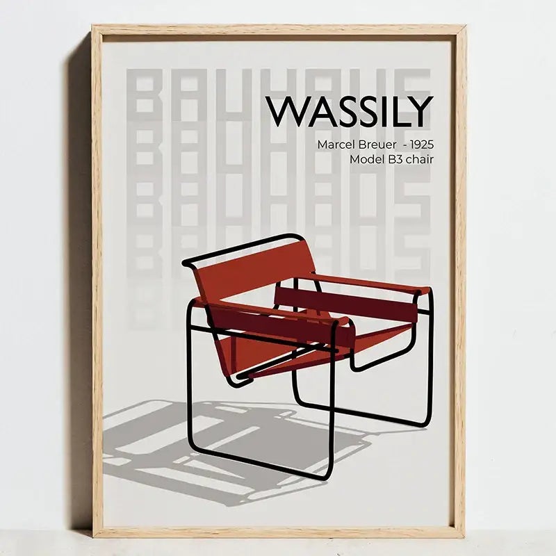 Geometric bauhaus orange barcelona chair art print living room decor