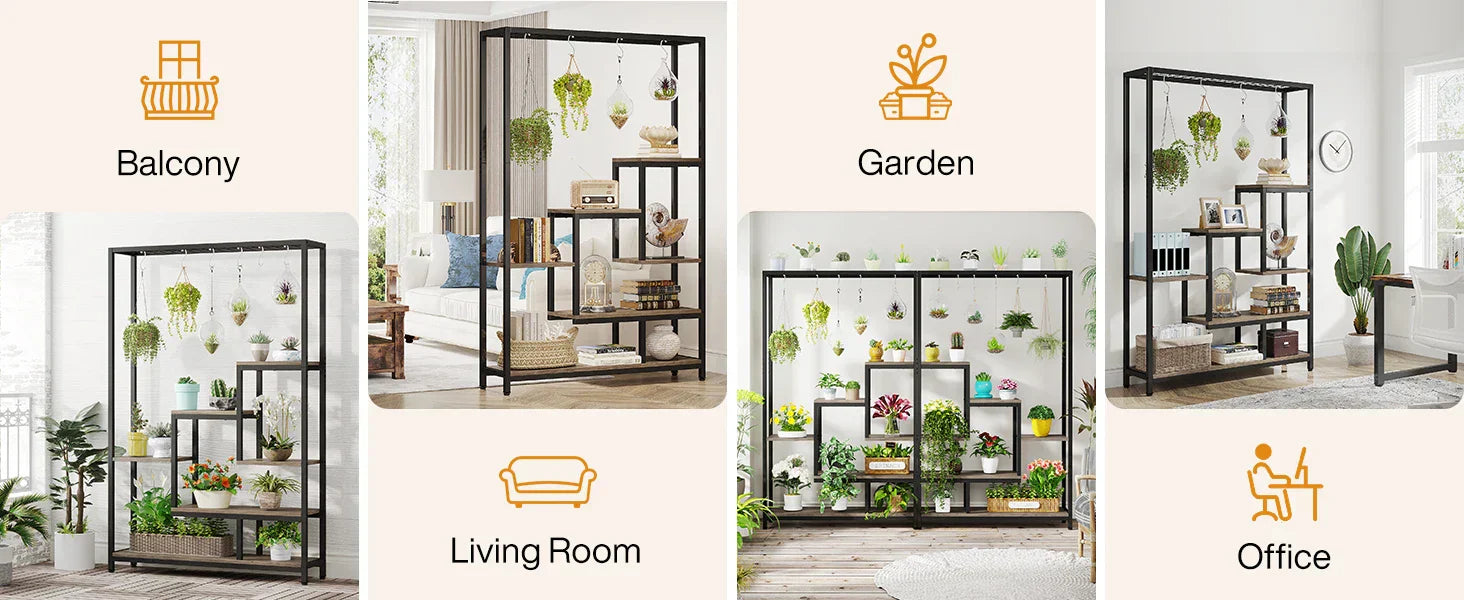 Modern black metal and wood 5 tier indoor plant stand living room