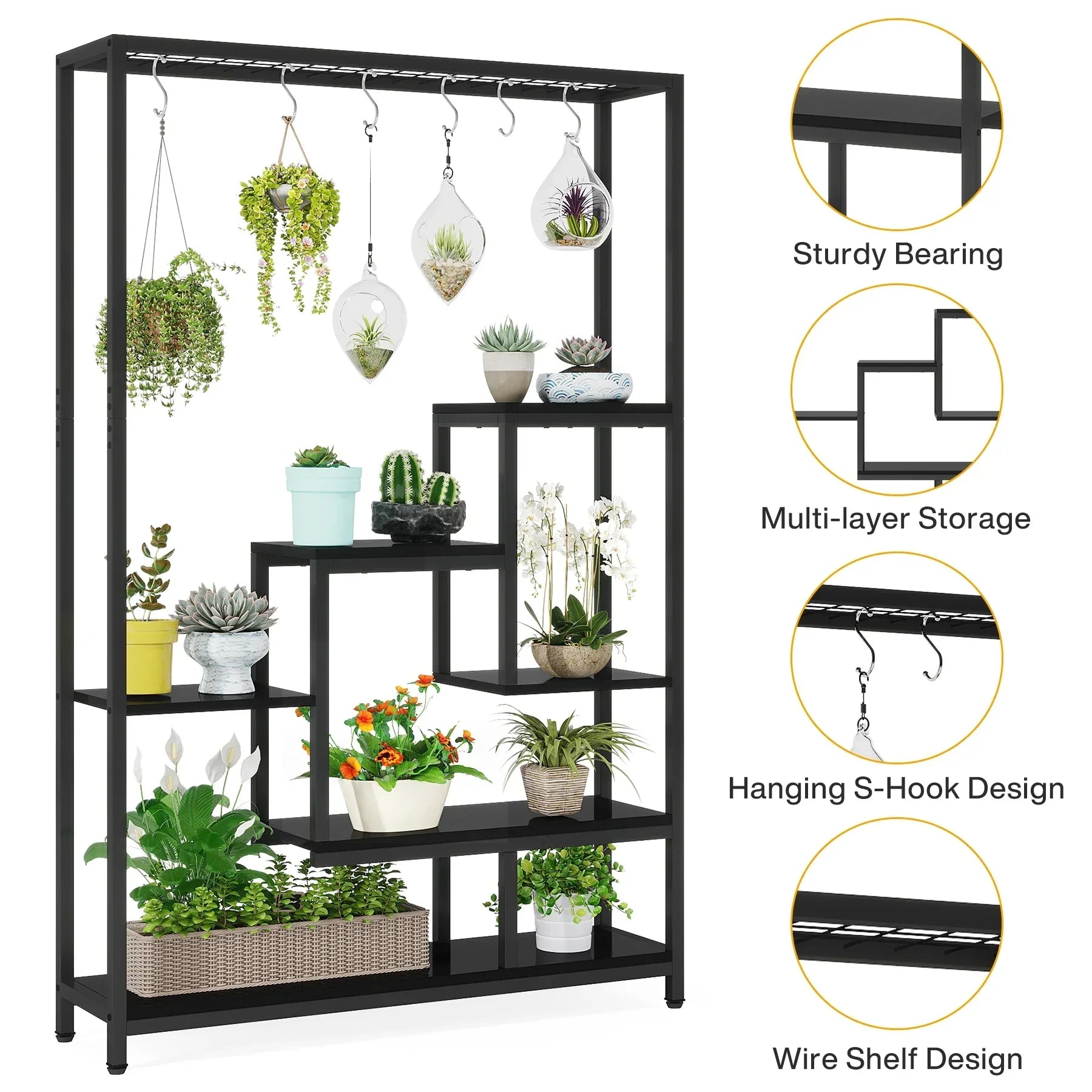 Modern black metal and wood 5 tier indoor plant stand living room