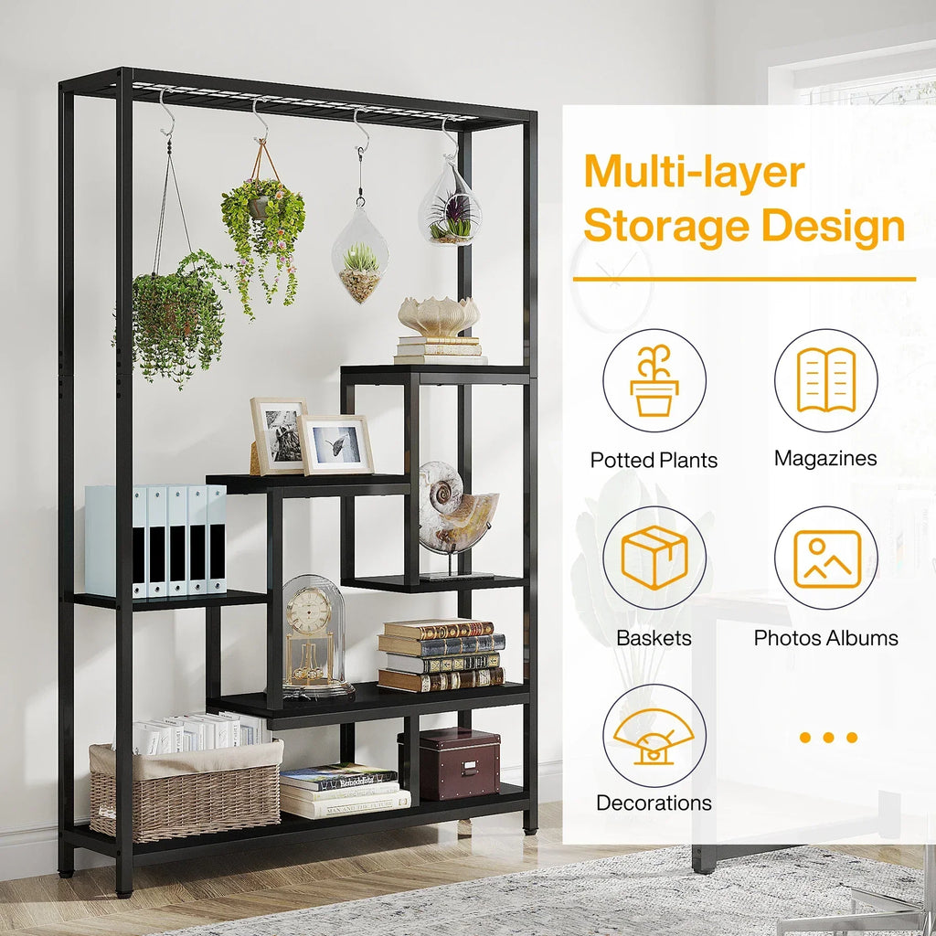 Modern black metal and wood 5 tier indoor plant stand living room