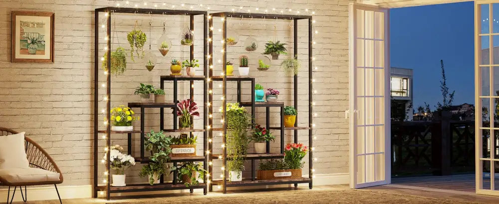 Modern black metal and wood 5 tier indoor plant stand living room