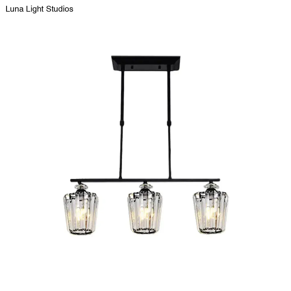 Modern black metal chandelier with cylindrical crystal shade kitchen