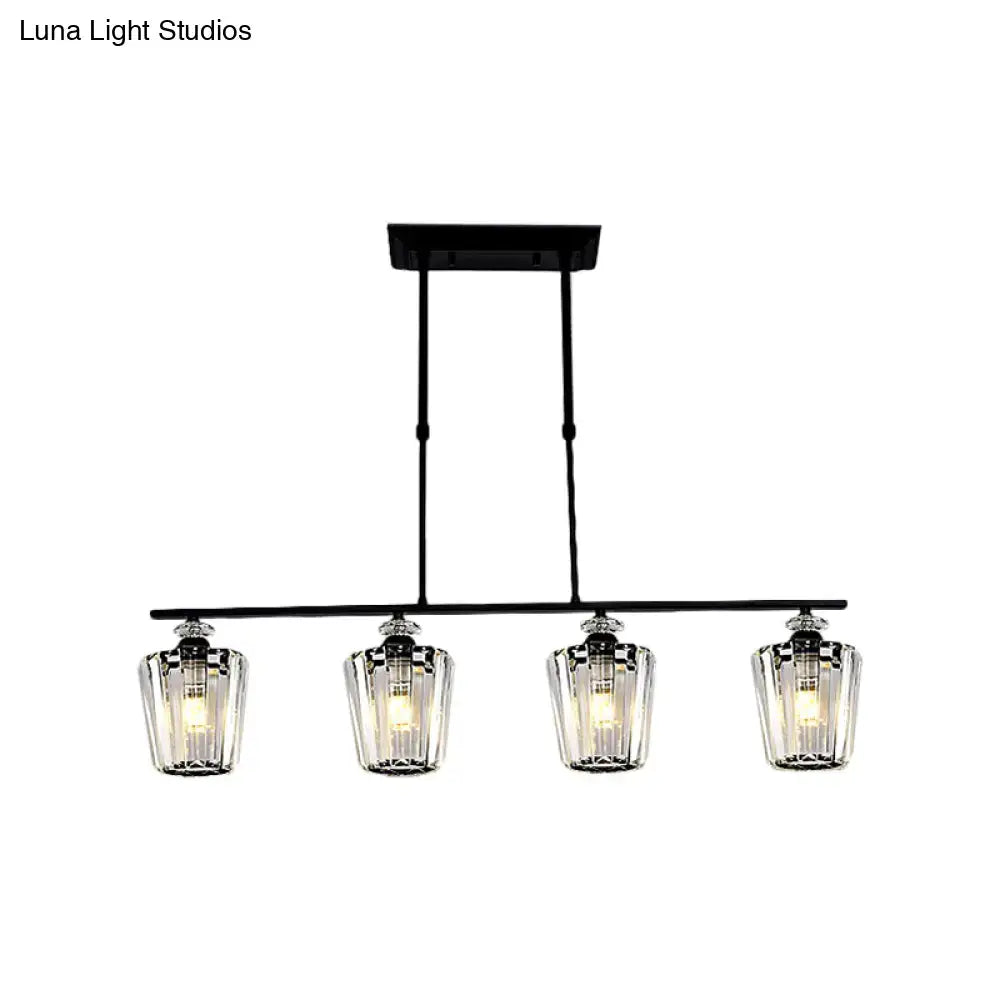 Modern black metal chandelier with cylindrical crystal shade kitchen