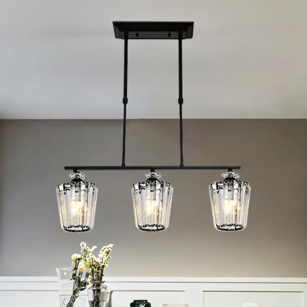 Modern black metal chandelier with cylindrical crystal shade kitchen