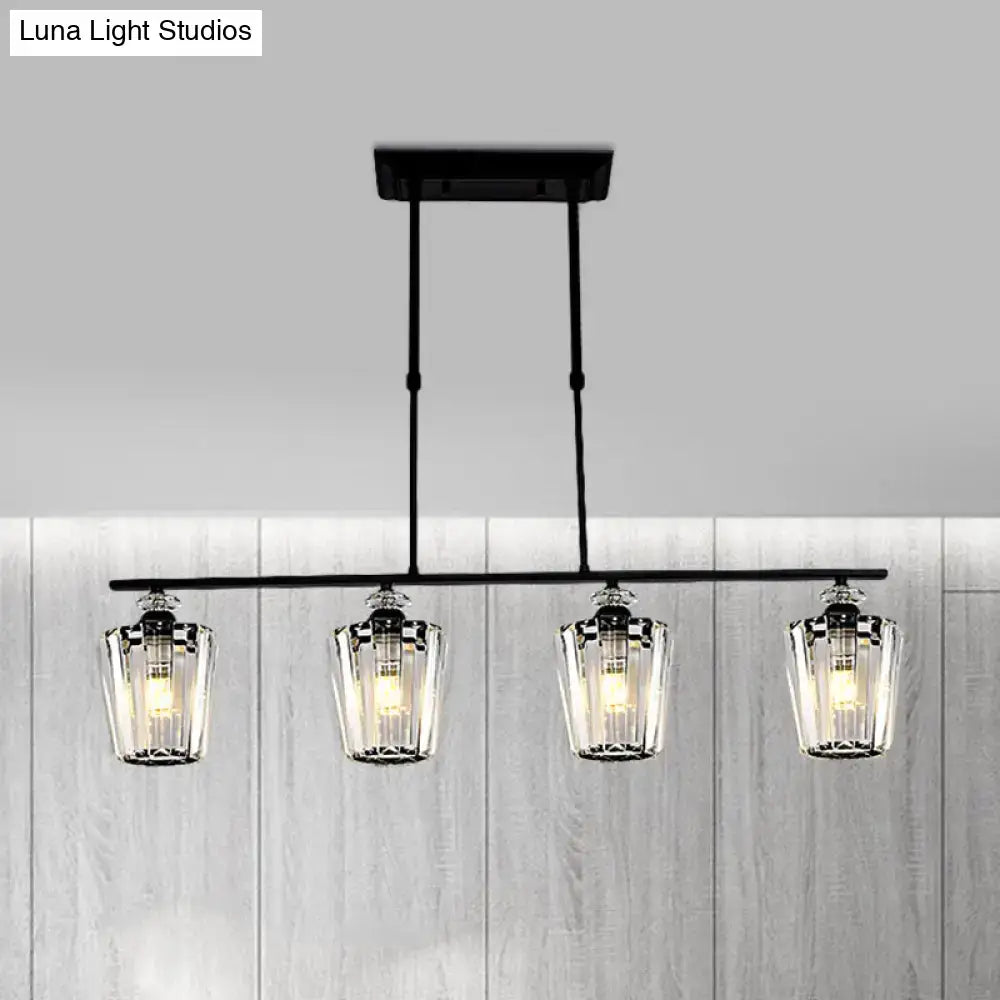 Modern black metal chandelier with cylindrical crystal shade kitchen