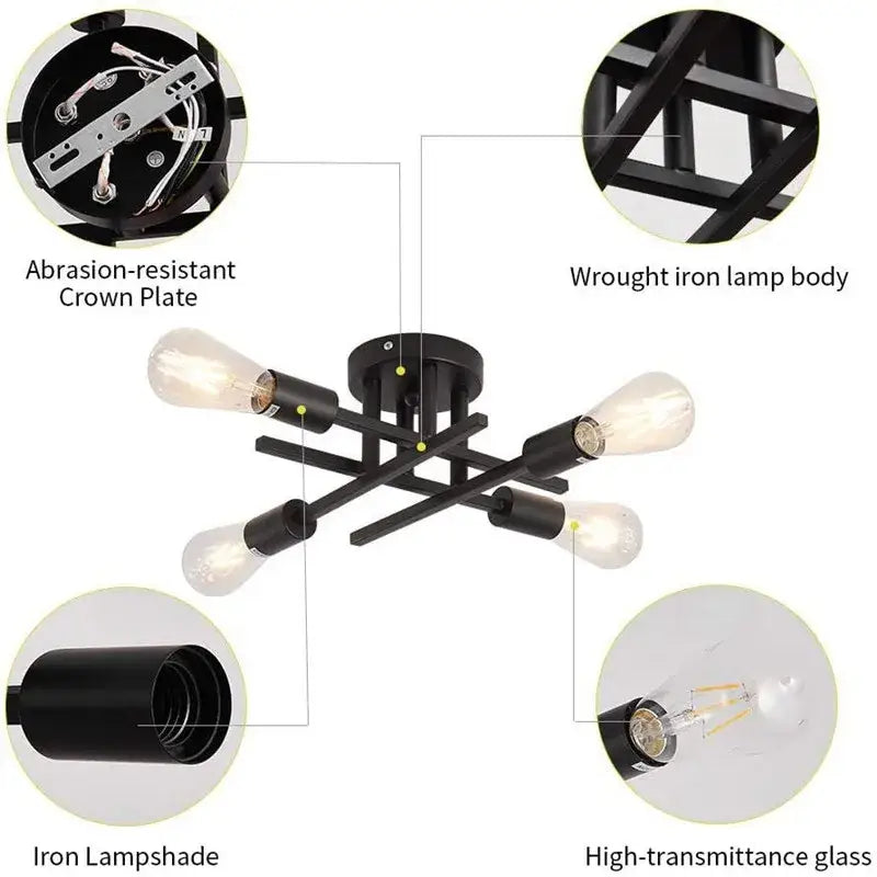 Modern black 4 light flush mount chandelier – living room ceiling fixture