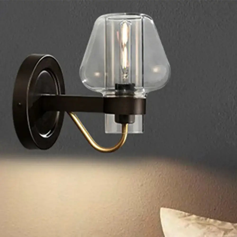 Modern black & brass wall sconce with glass mushroom shade bedroom