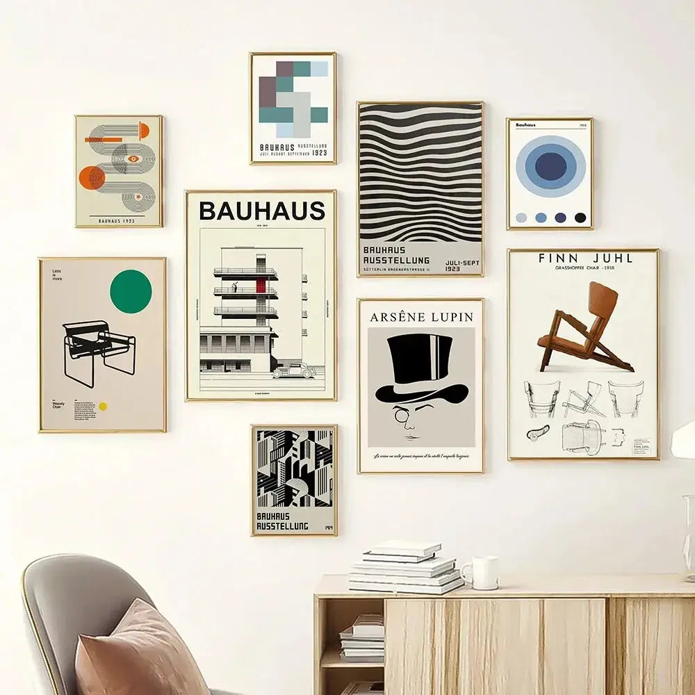 Minimalist blue & cream bauhaus canvas print living room wall art