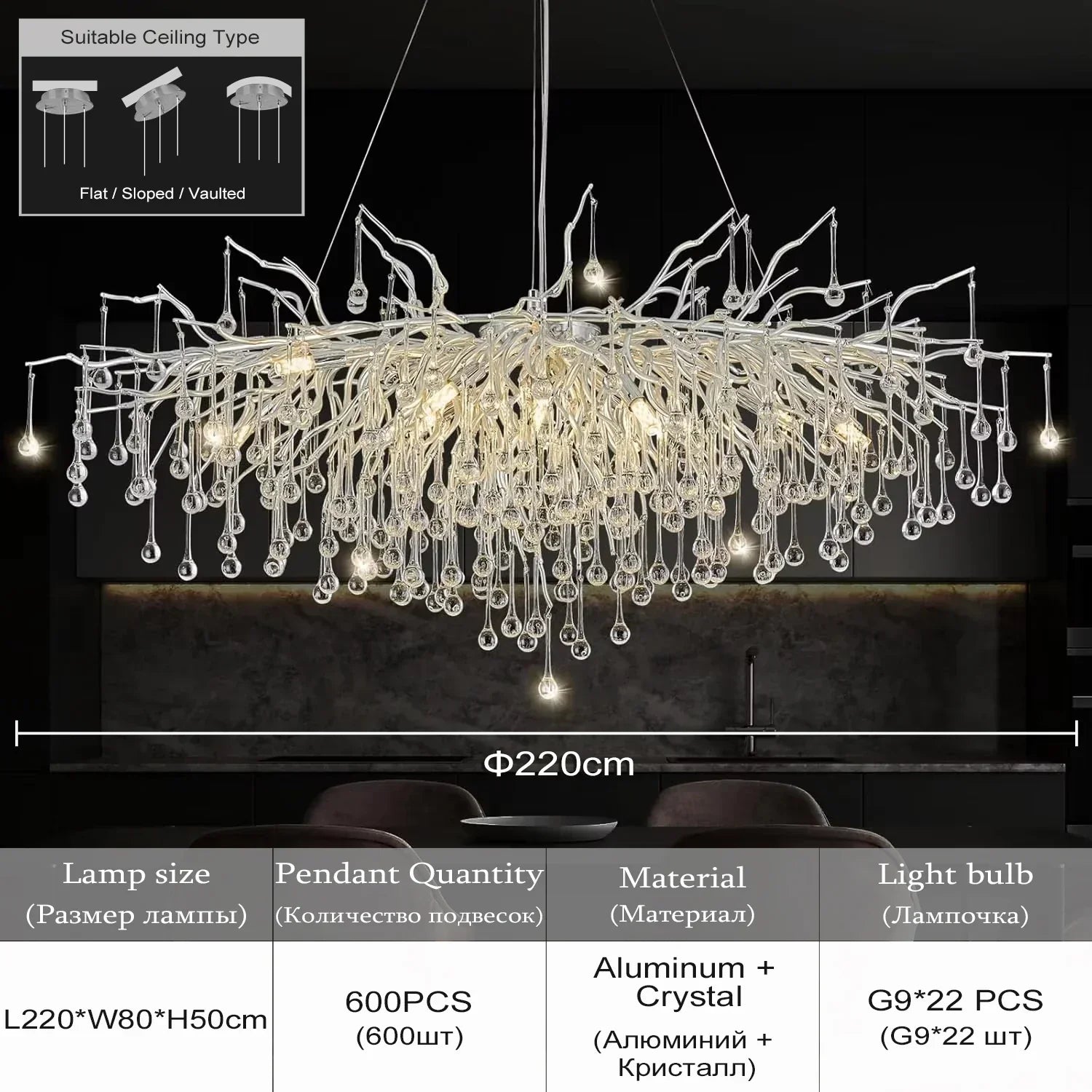 Modern chrome crystal chandelier for living room with droplets