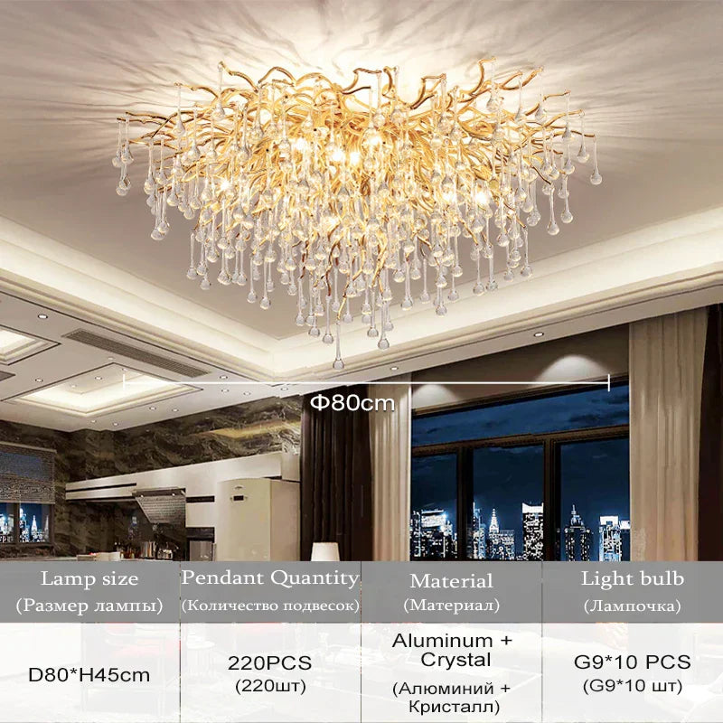 Modern golden aluminum crystal chandelier for living room