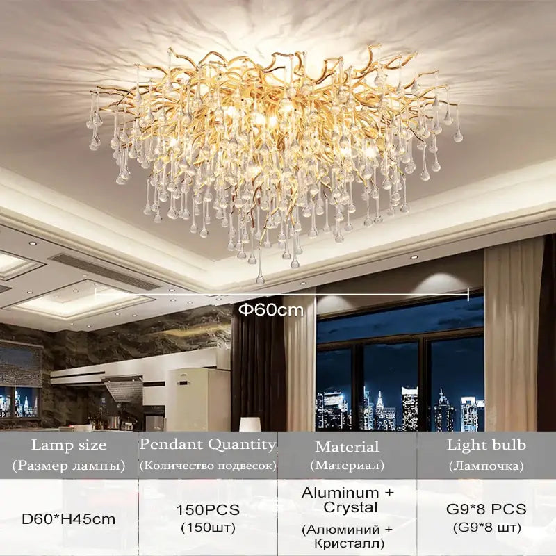 Modern chrome crystal chandelier for living room with droplets