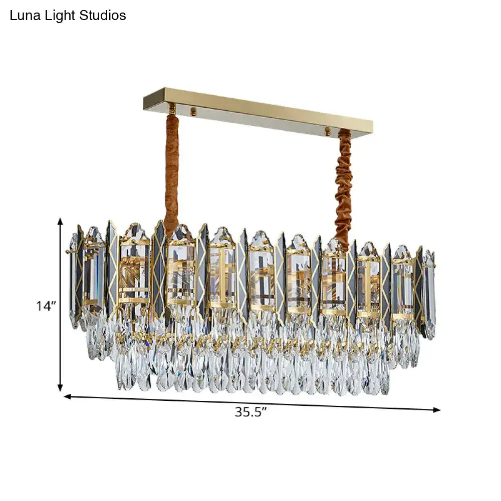 Modern gold crystal tiered oblong island light dining room pendant