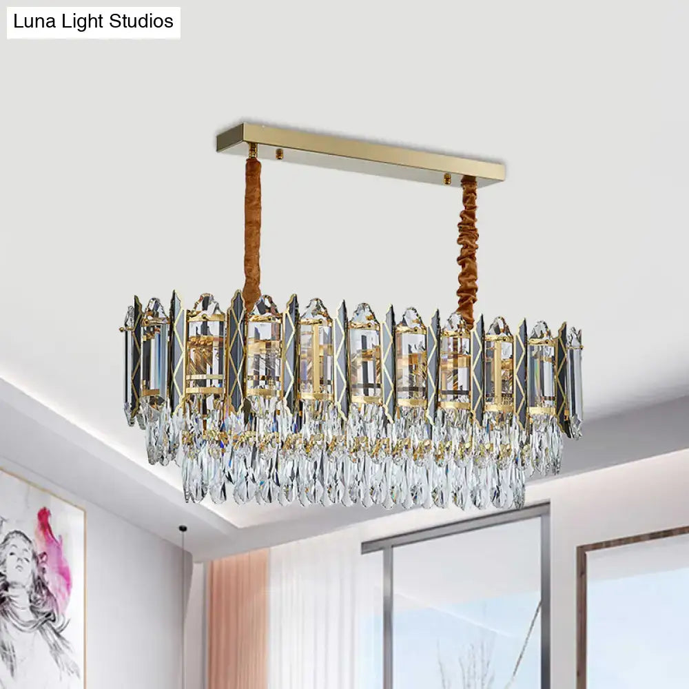 Modern gold crystal tiered oblong island light dining room pendant