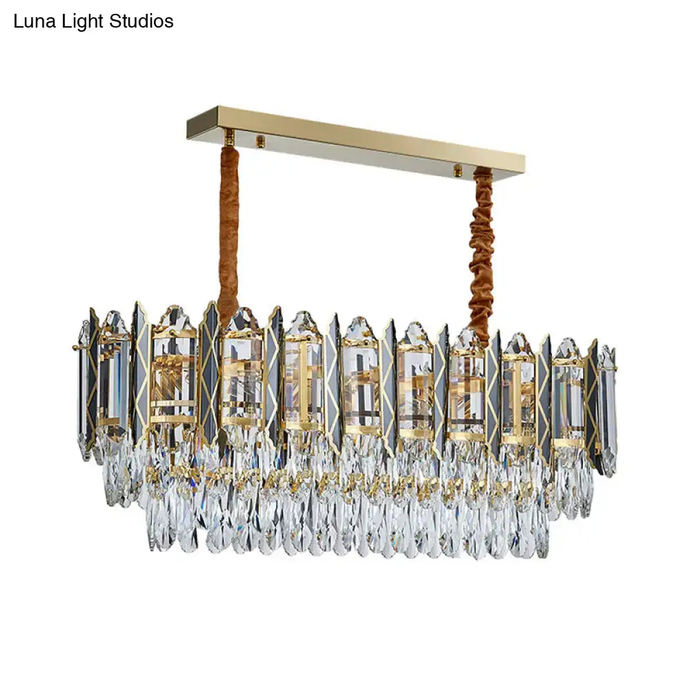 Modern gold crystal tiered oblong island light dining room pendant