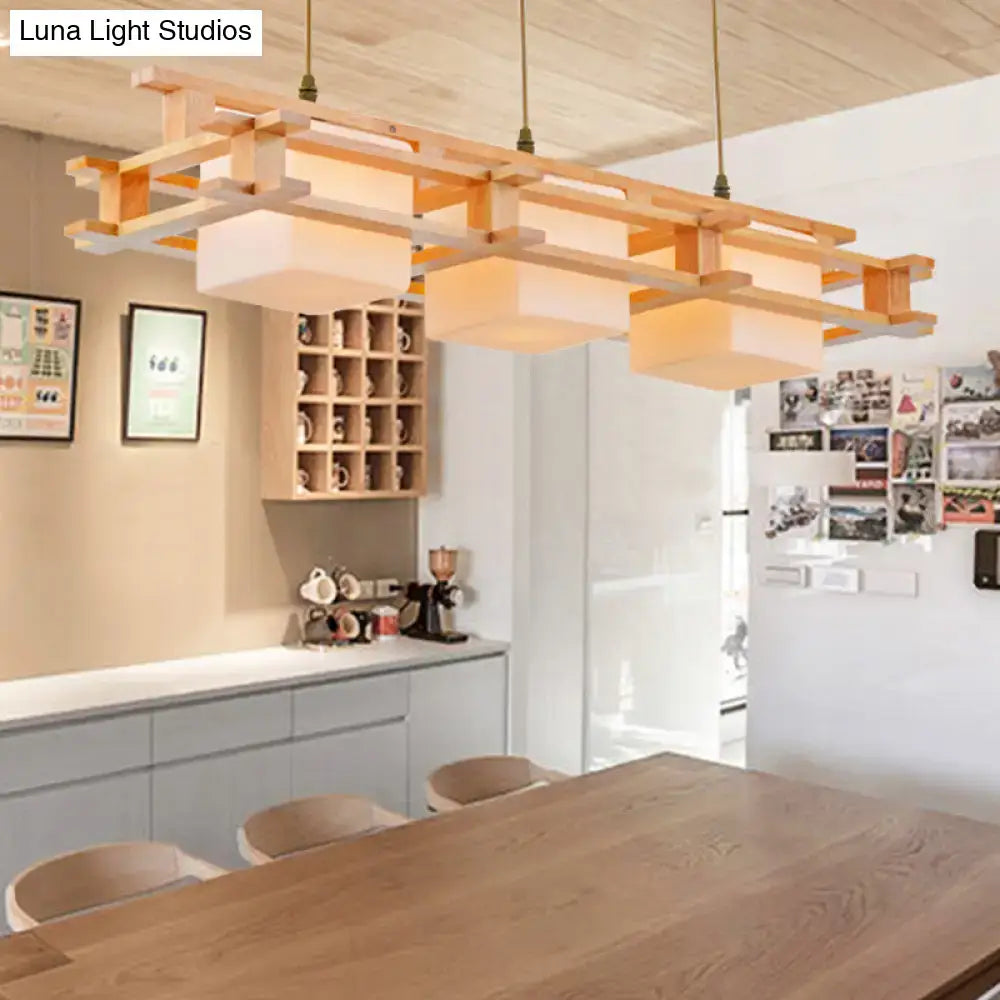 Modern cream glass cube pendant light dining room wooden frame