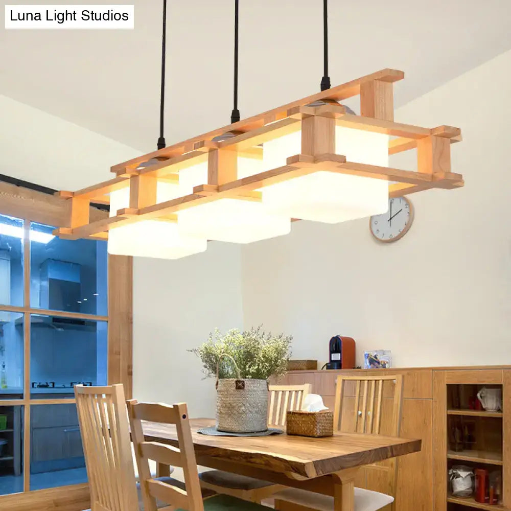 Modern cream glass cube pendant light dining room wooden frame