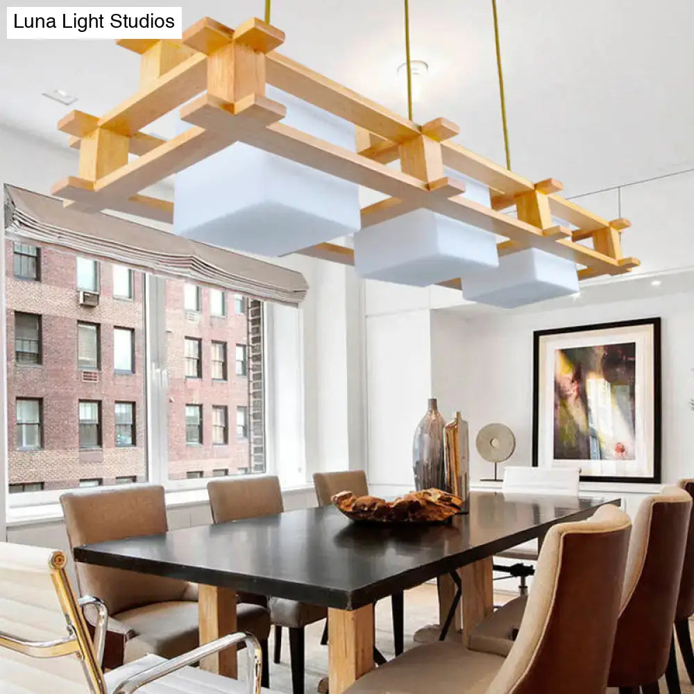 Modern cream glass cube pendant light dining room wooden frame