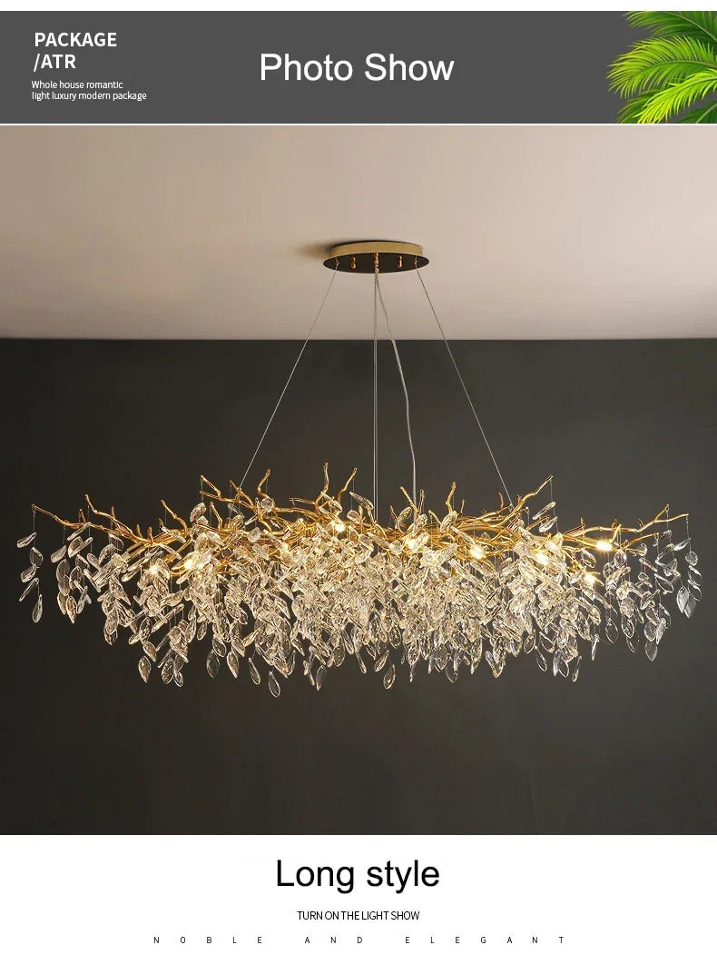 Modern golden branch crystal ceiling chandelier dining room led lighting