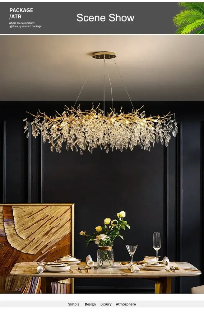 Modern golden branch crystal ceiling chandelier dining room led lighting