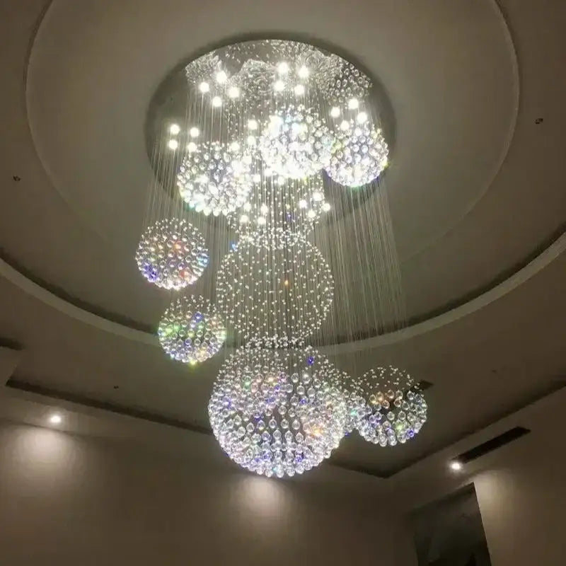 Modern crystal raindrop chandelier for high ceiling living room