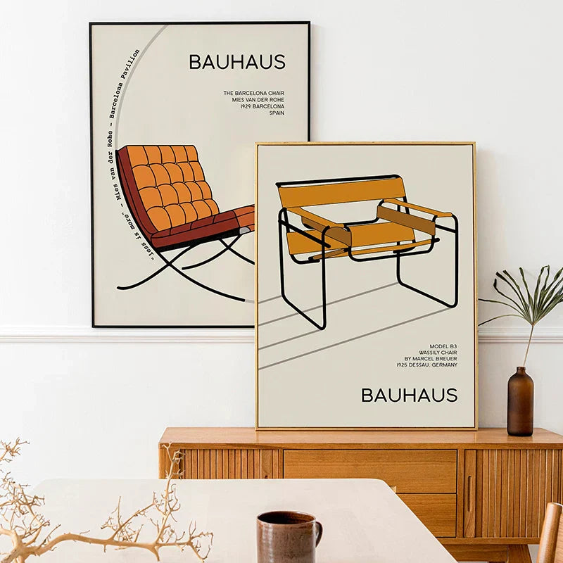 Modern geometric bauhaus orange and red framed art living room decor