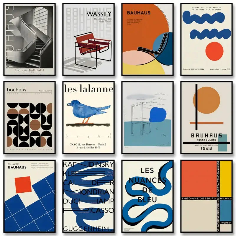 Modern blue and orange geometric bauhaus exhibition poster living room