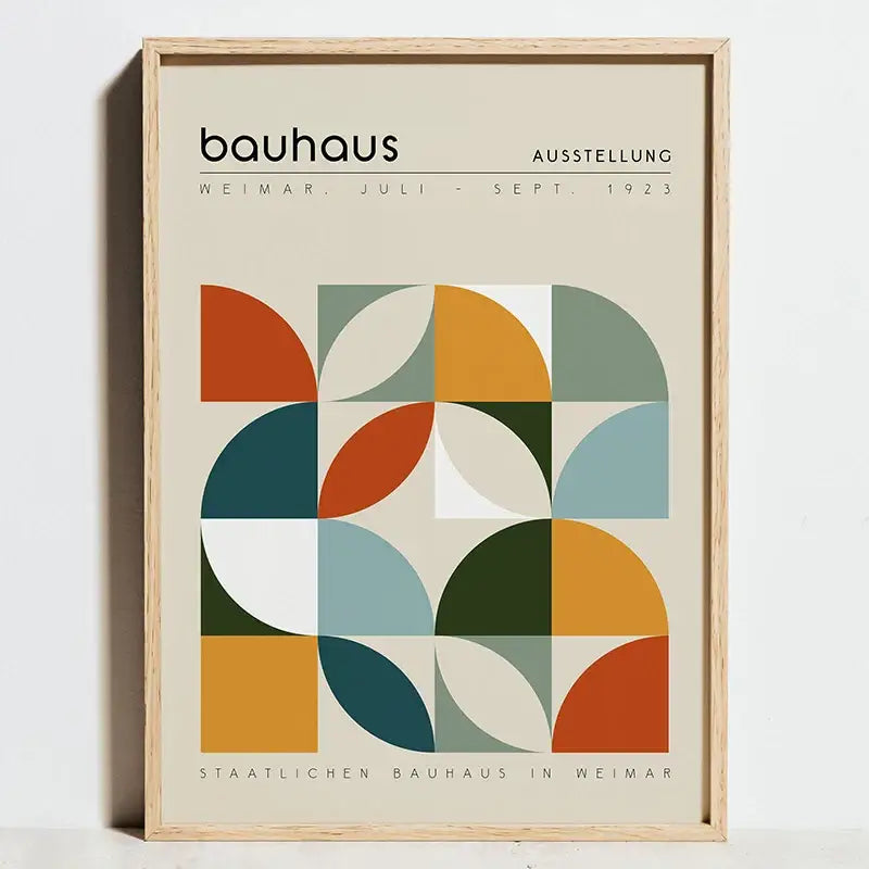 Modern geometric bauhaus blue & cream framed art living room print